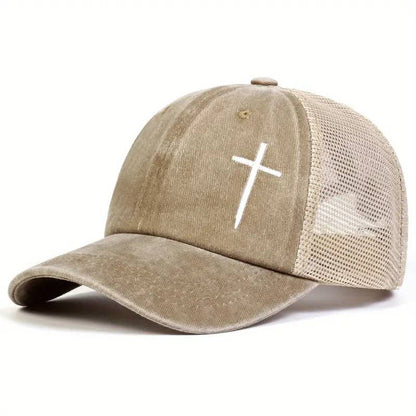 Christian Cross Embroidered Trucker Hat Adjustable Mesh