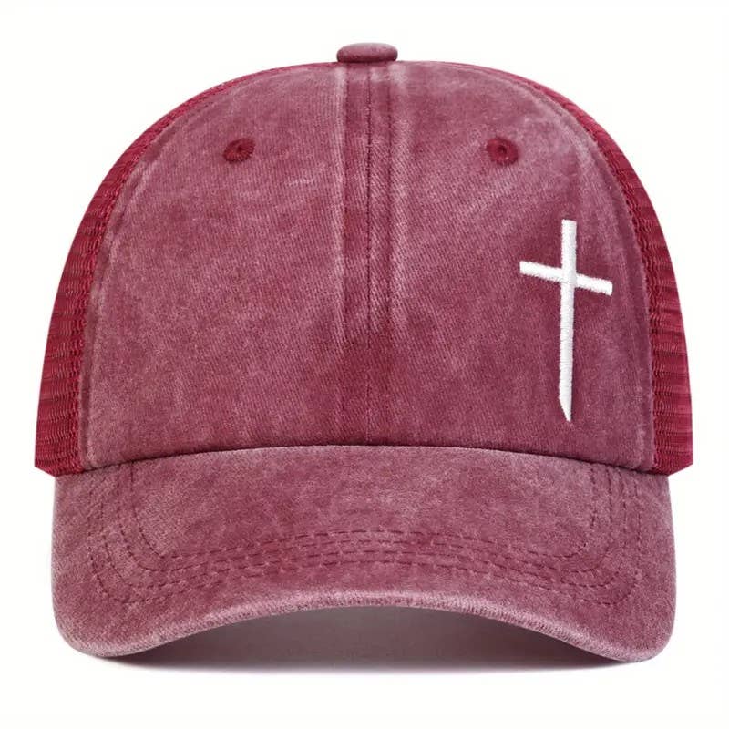 Christian Cross Embroidered Trucker Hat Adjustable Mesh