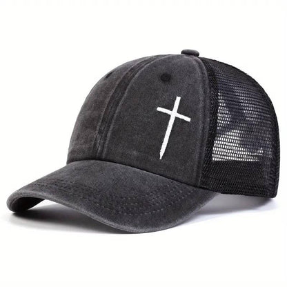 Christian Cross Embroidered Trucker Hat Adjustable Mesh