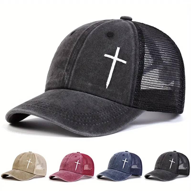 Christian Cross Embroidered Trucker Hat Adjustable Mesh
