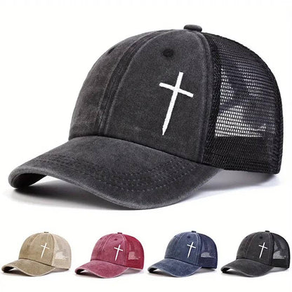 Christian Cross Embroidered Trucker Hat Adjustable Mesh