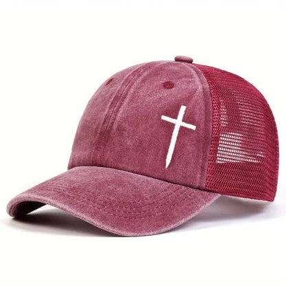 Christian Cross Embroidered Trucker Hat Adjustable Mesh