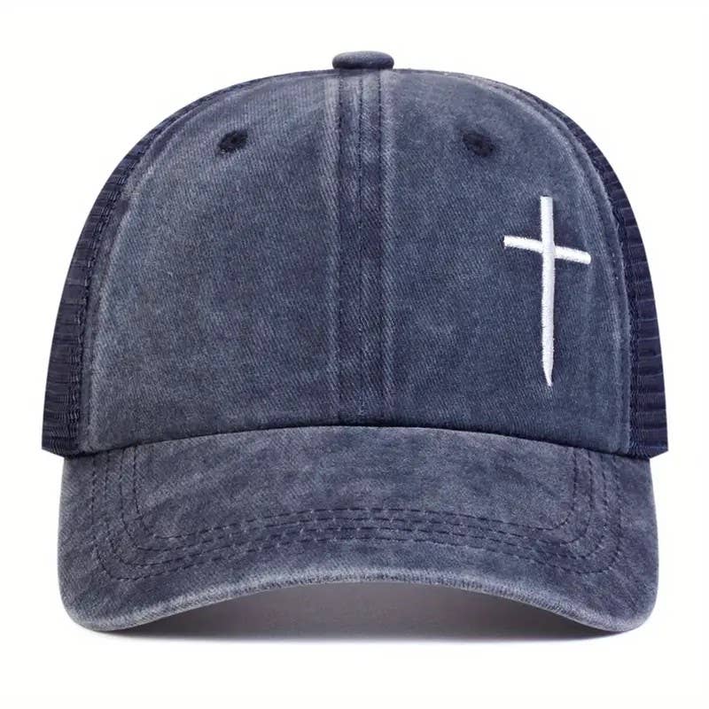 Christian Cross Embroidered Trucker Hat Adjustable Mesh