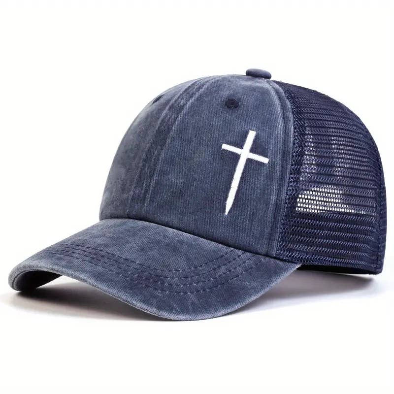 Christian Cross Embroidered Trucker Hat Adjustable Mesh